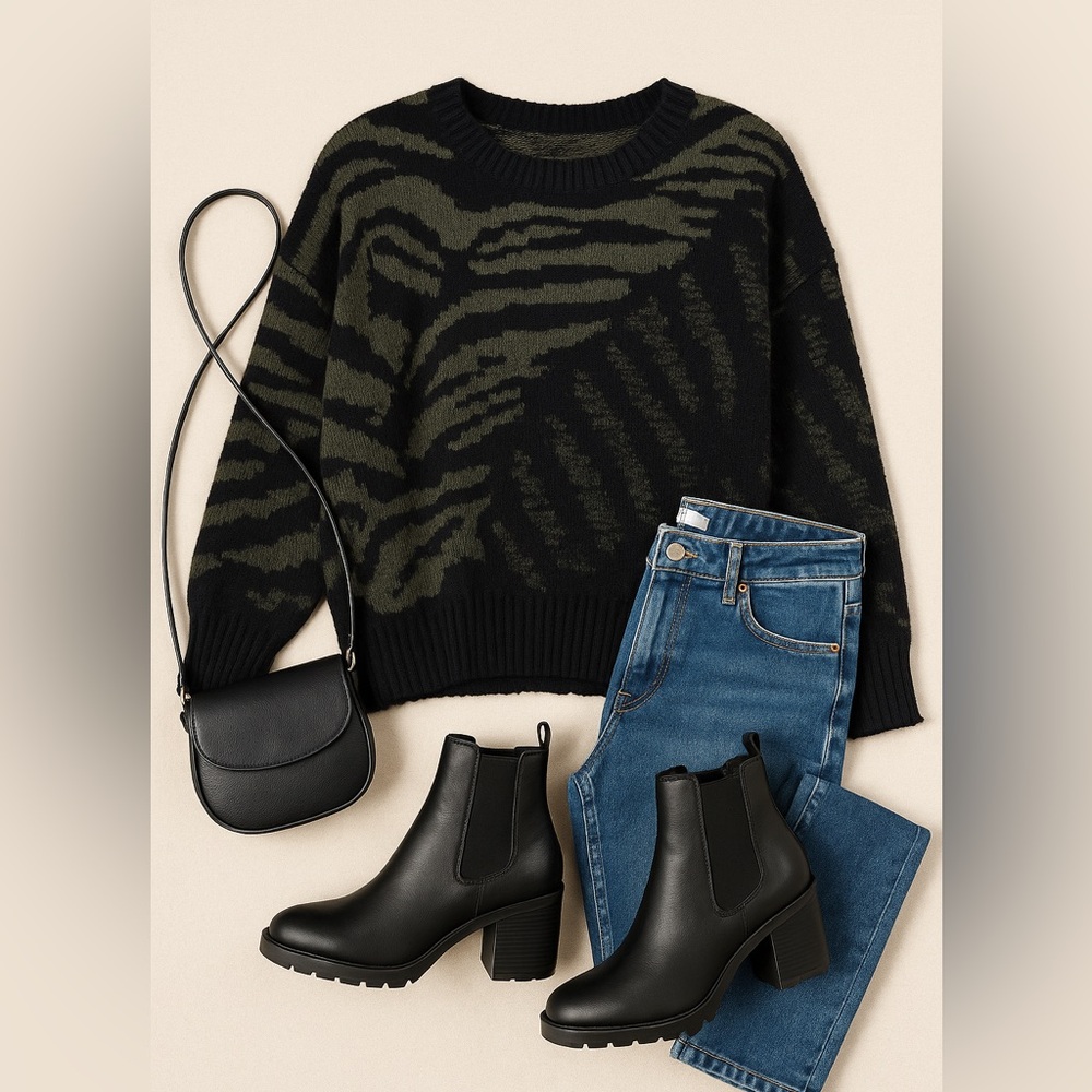 Promesa Zebra Print Oversized Knit Sweater Olive Green Black Small